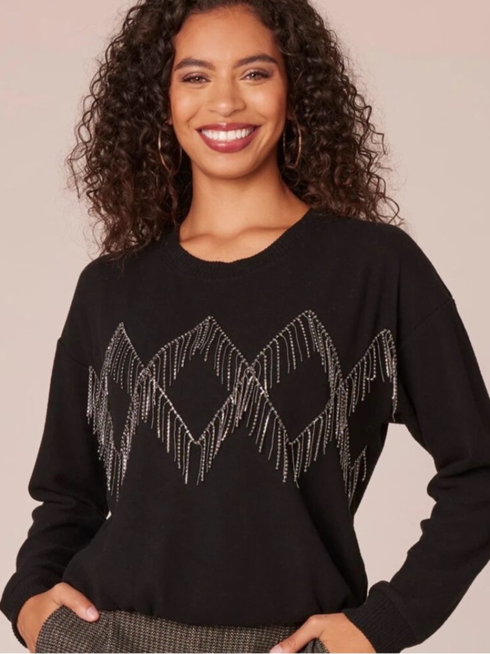 Democracy Black Crewneck Sweater with Silver Beaded Fringe